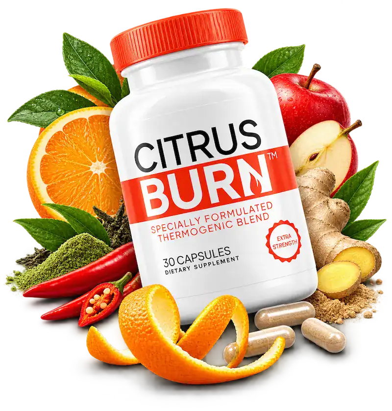 CitrusBurn plant-based metabolism support supplement with Seville orange, ginger, red pepper and green tea ingredients