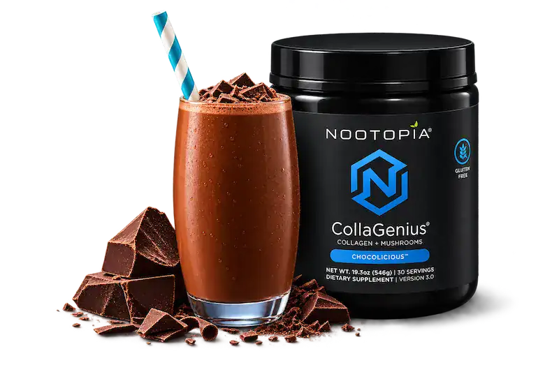 CollaGenius Chocolicious collagen and concentrated mushroom powder supplement by Nootopia.