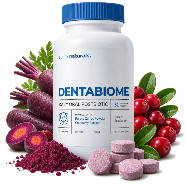 DentaBiome oral postbiotic bottle with purple carrots, cranberries, and chewable tablets.