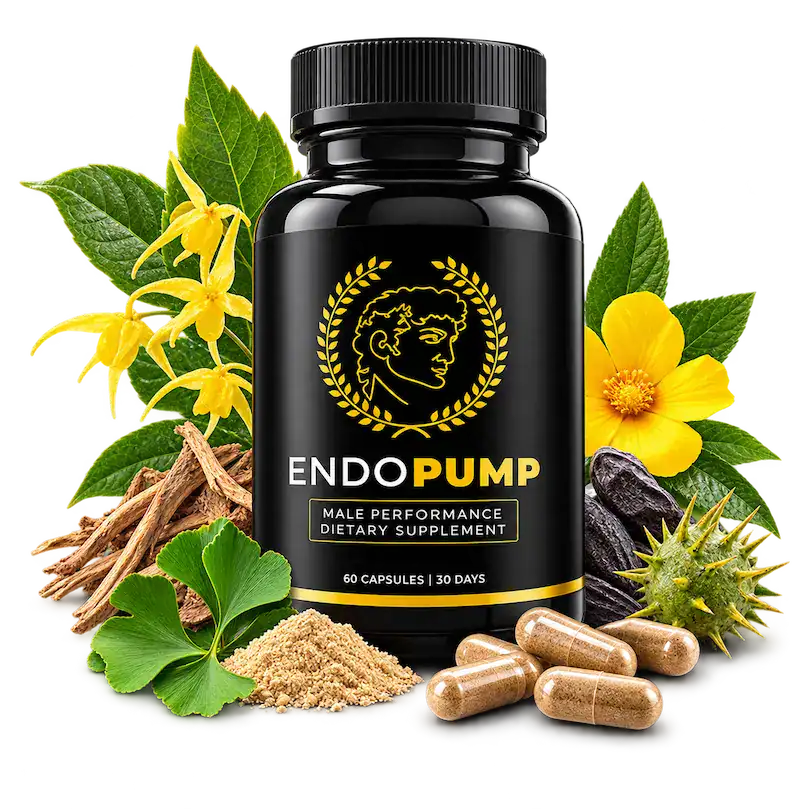 EndoPump male vitality supplement bottle with capsules and natural ingredients