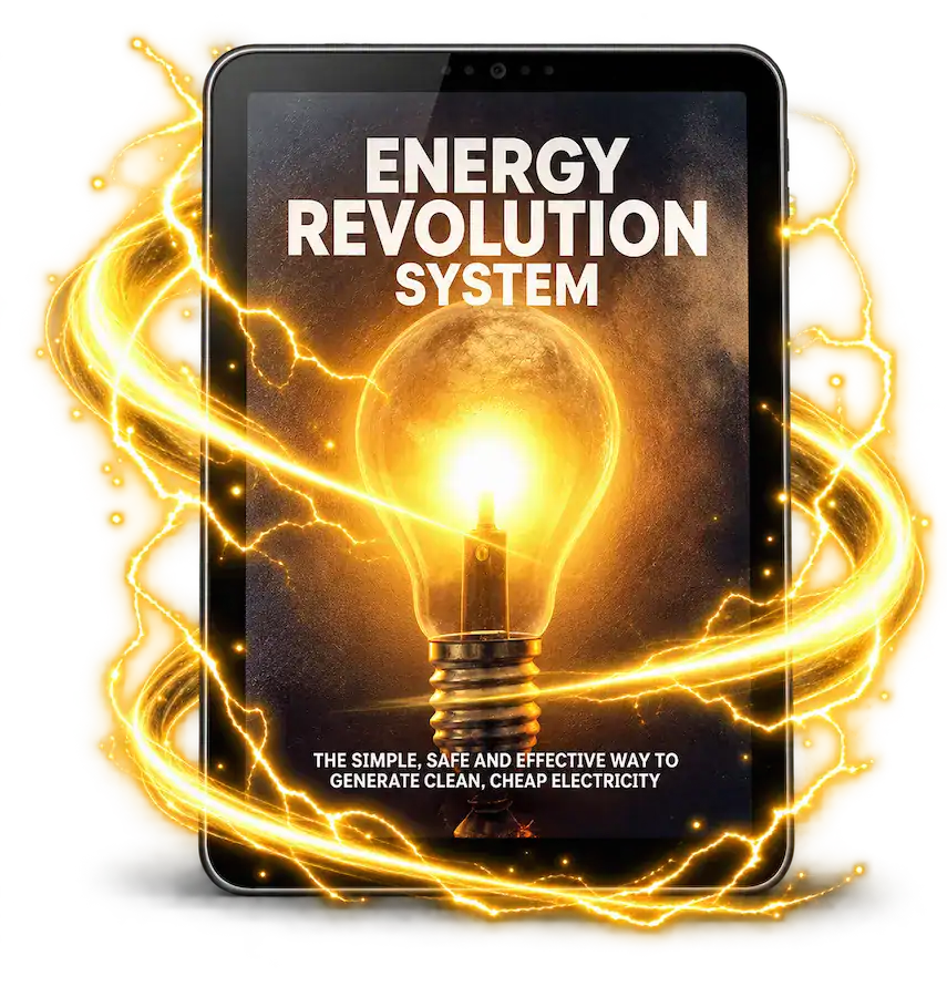 Tablet displaying the Energy Revolution System digital blueprint surrounded by yellow electrical energy waves representing DIY energy generation technology.