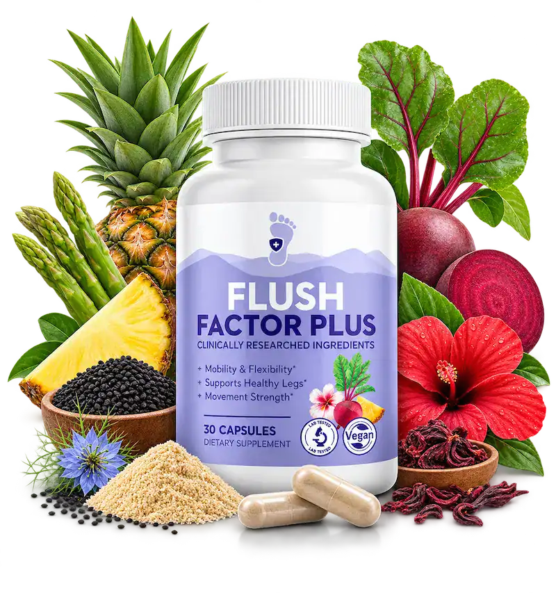 Flush Factor Plus supplement bottle with pineapple, beetroot, hibiscus and other plant-based ingredients used in the formula.