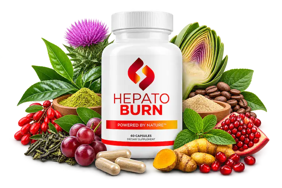 HepatoBurn supplement bottle with key plant-based ingredients used in its liver and metabolism support formula.