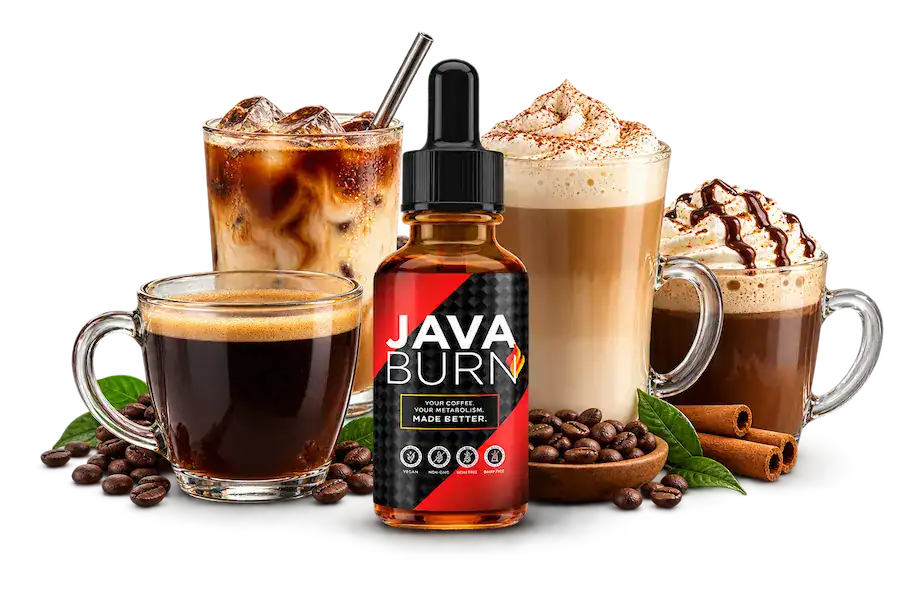 Java Burn nutritional formula displayed with coffee and ingredients associated with its metabolism support blend.