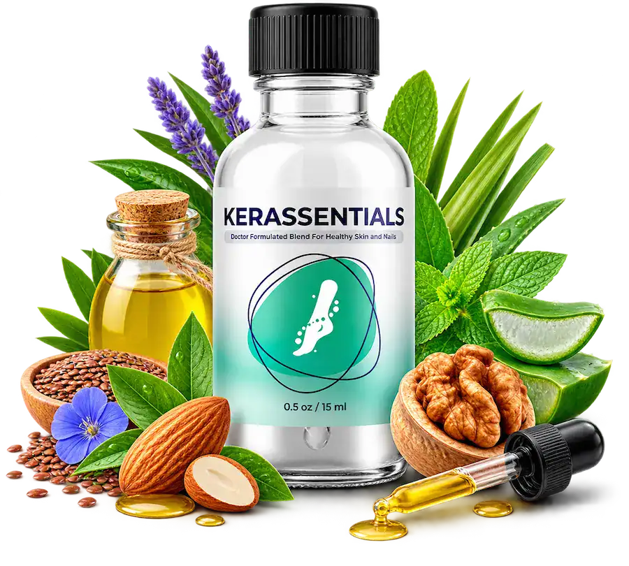 Kerassentials topical nail and skin oil bottle with botanical ingredients used in the formula