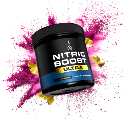 Nitric Boost Ultra powder supplement jar surrounded by key formula ingredients