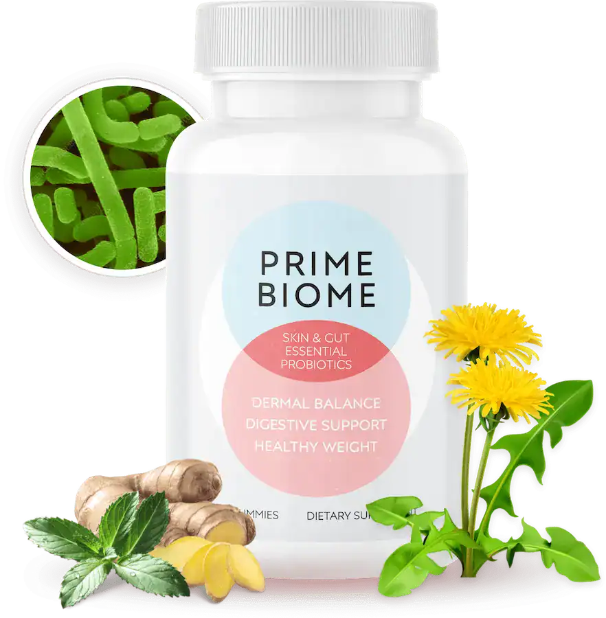 PrimeBiome probiotic gummies bottle surrounded by key natural ingredients for gut and skin support