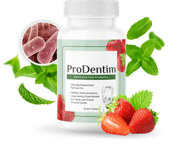 ProDentim supplement displayed with strawberries, probiotic cultures, and peppermint