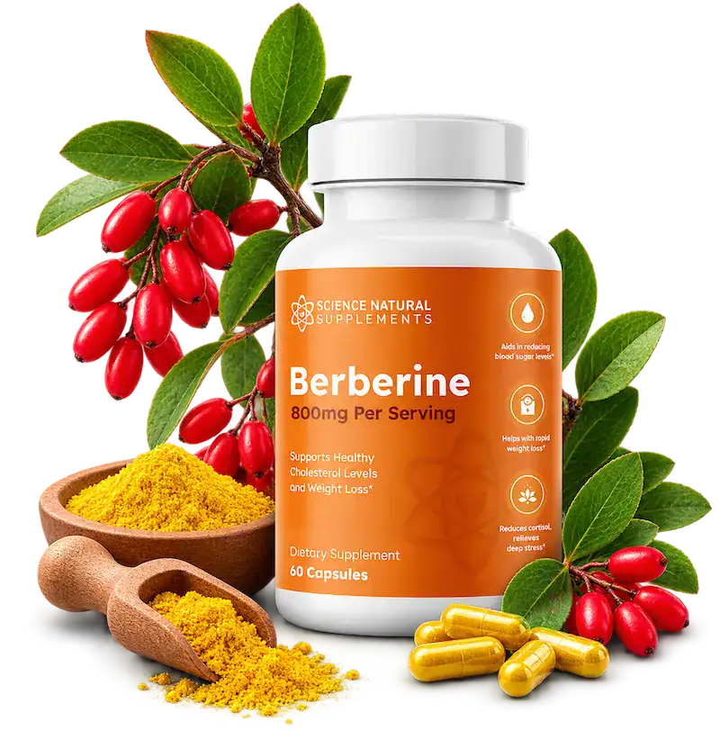 Science Natural Supplements Berberine supplement bottle with capsules and natural berberine ingredients