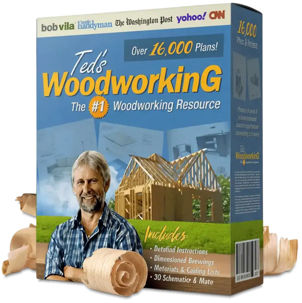 TedsWoodworking digital woodworking plans displayed on a tablet surrounded by woodworking tools and wood pieces