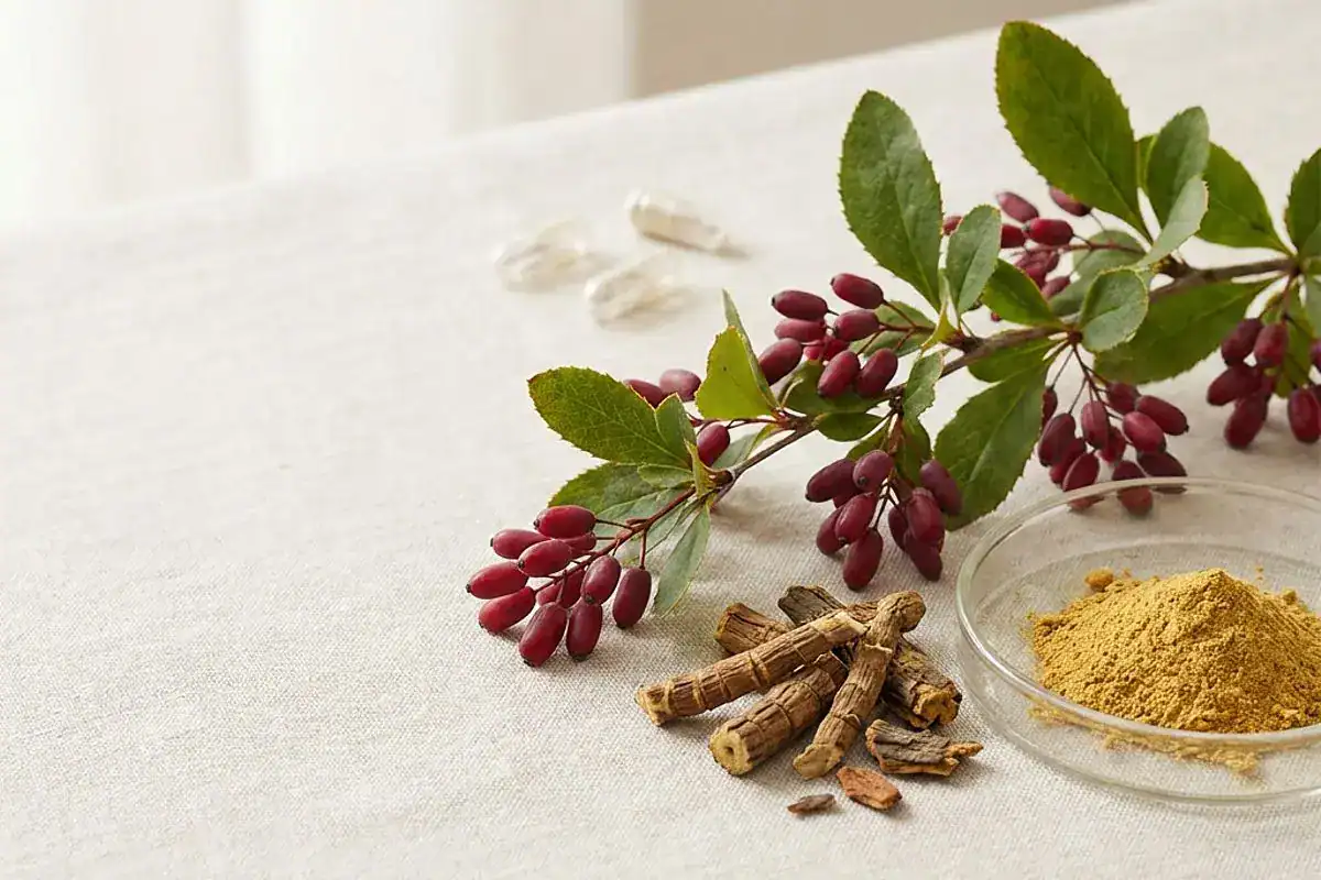 Berberine natural source, Berberis vulgaris barberry plant, and dietary supplement