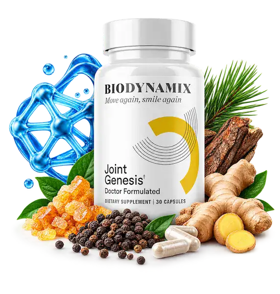 Joint Genesis joint support supplement with Mobilee, ginger, pine bark, and botanical ingredients