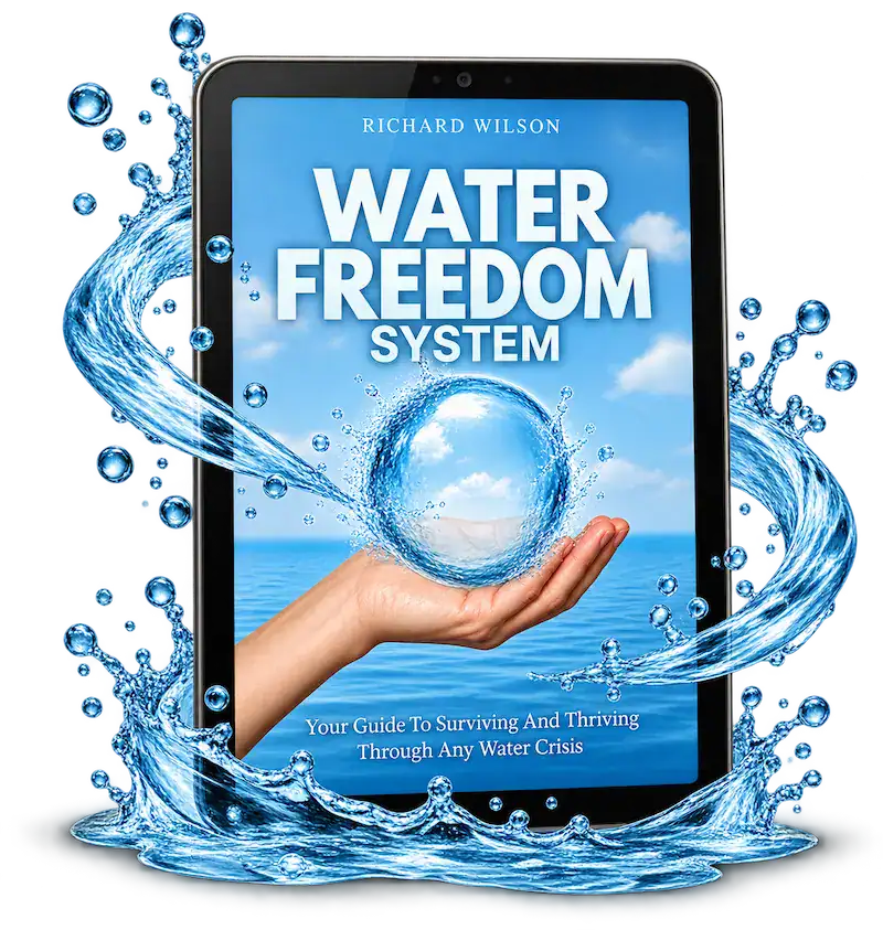 Water Freedom System digital guide displayed on a tablet beside a DIY atmospheric water generator producing water