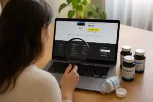 Online order with product bottles and refund policy document illustrating money-back guarantee and return conditions