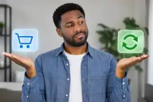 Man comparing a one-time purchase vs. subscription when shopping online