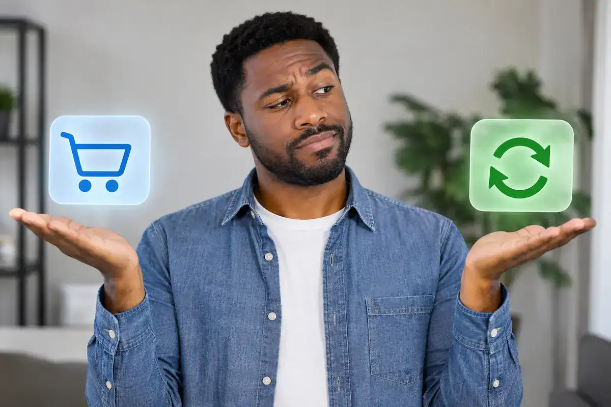Man comparing a one-time purchase vs. subscription when shopping online
