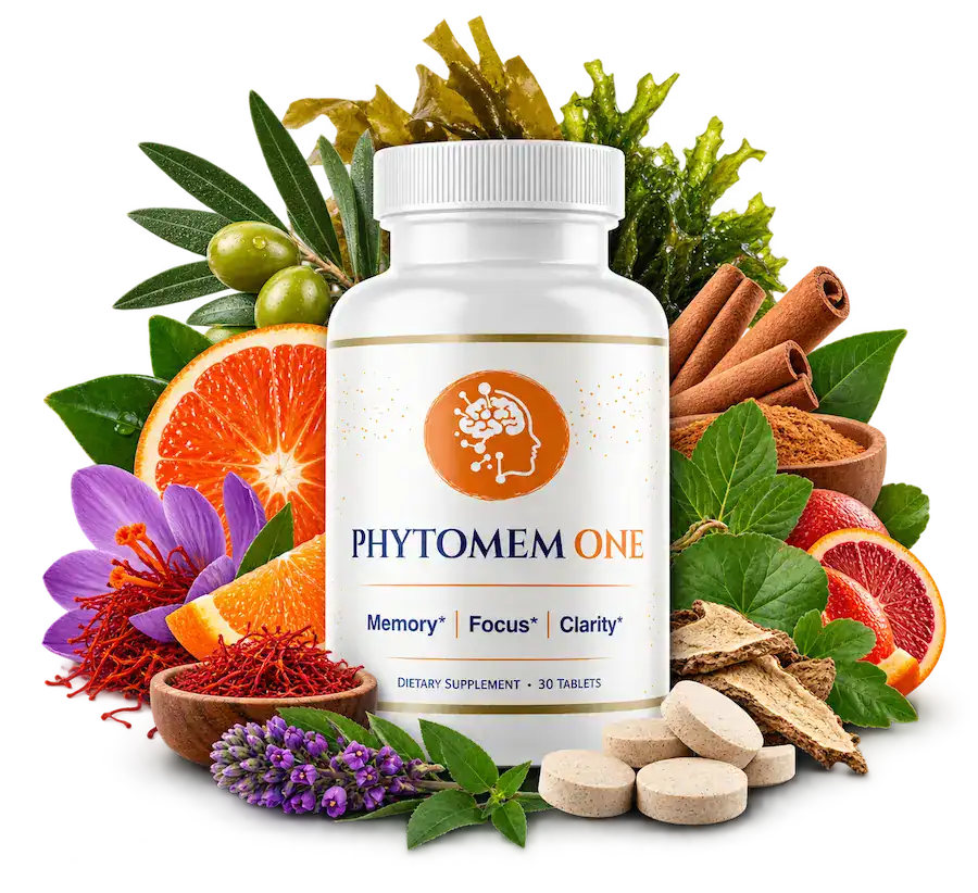 ottle of Phytomem One chewable tablets surrounded by saffron, olive leaves, sea kelp, cinnamon bark, and citrus ingredients